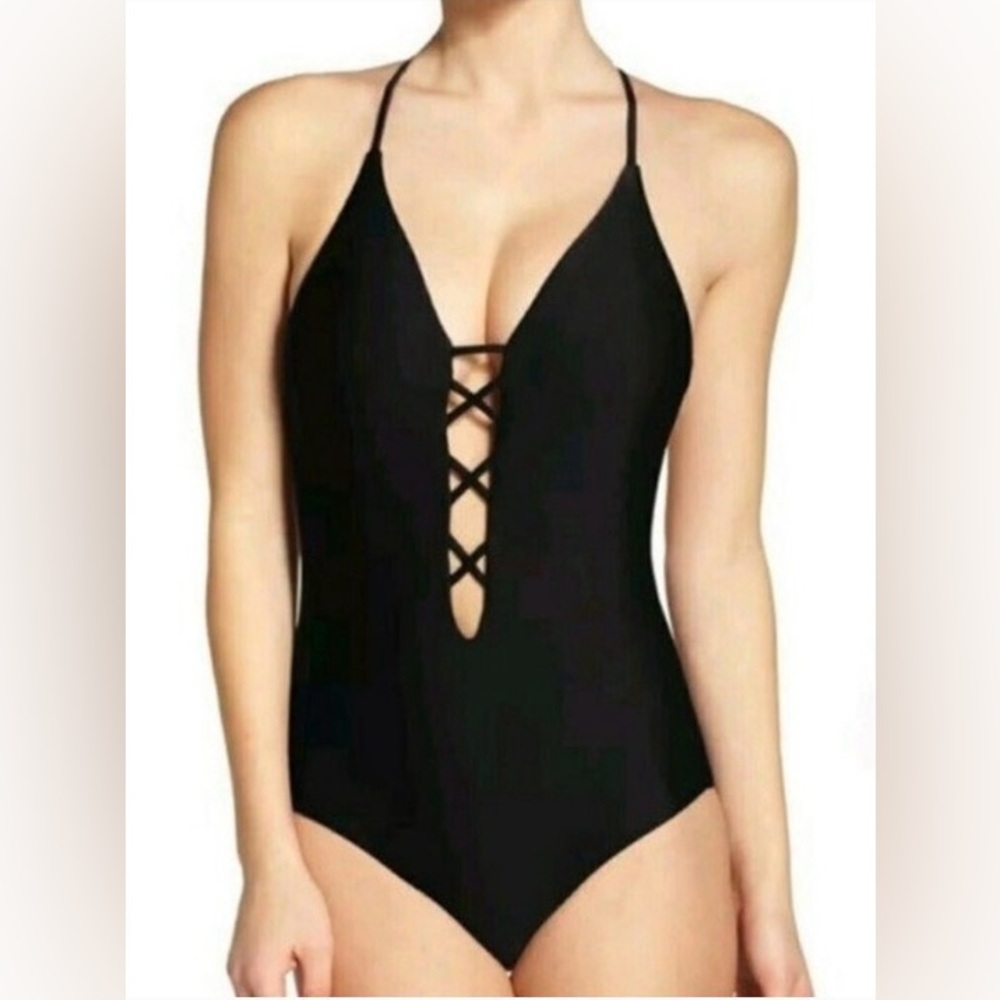 BCA Becca By Rebecca Virtue Black Lattice Move Along Plunge One Piece Swimsuit M